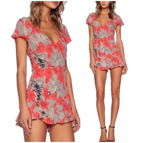 For Love And Lemons Pants - For Love and Lemons Mai Tai Romper in Red Orchid Print